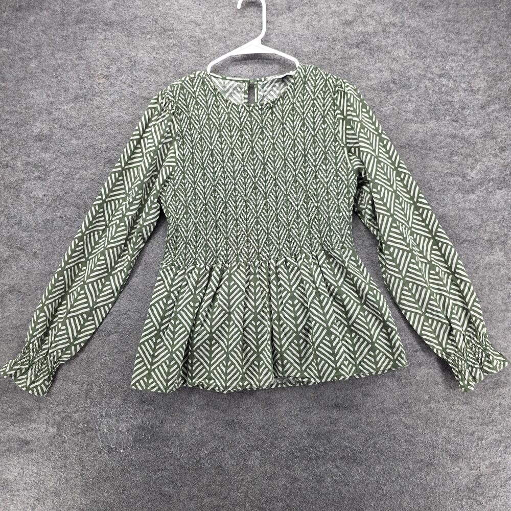 Michelle McDowell Shirt Womens Medium Green Geometric Smocked Peplum Top Blouse